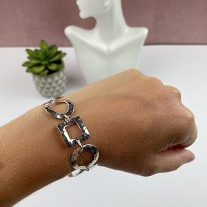 925 Silver Hammered Square Circle Geometric Bracelet Women Jewelry Shiny